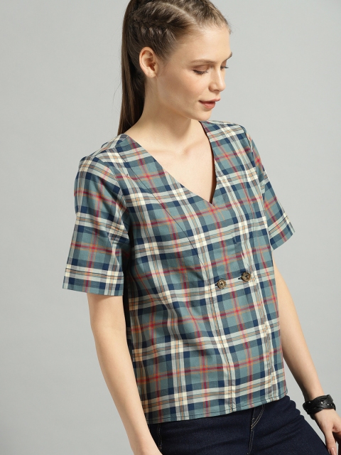 

The Roadster Lifestyle Co Women Teal Blue & Red Checked Styled Back Pure Cotton Top