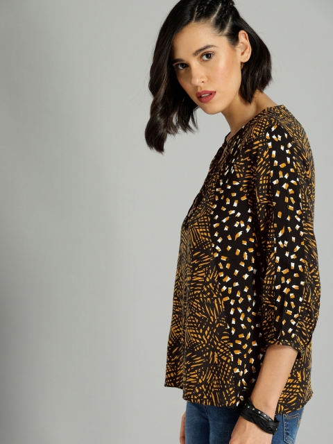 

The Roadster Lifestyle Co Women Black & Mustard Yellow Printed Top