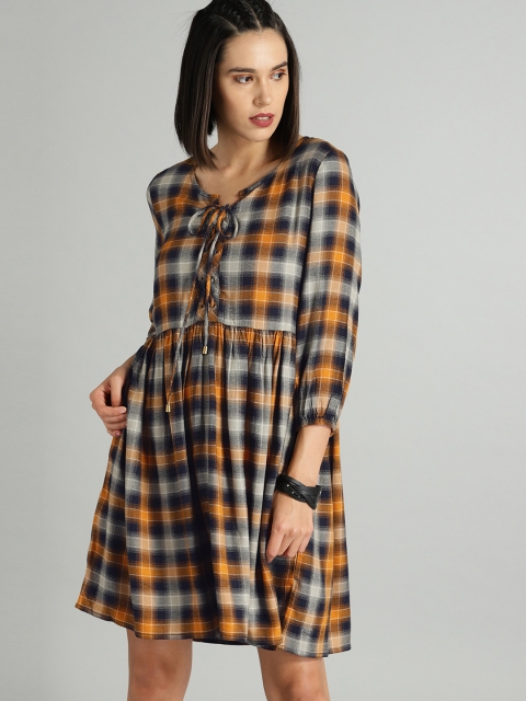 

The Roadster Lifestyle Co Women Navy Blue & Mustard Yellow Fit and Flare Dress