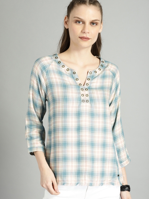 

Roadster Women Off-White & Turquoise Blue Checked Regualar Top