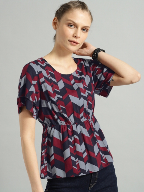 

The Roadster Lifestyle Co Women Maroon & Grey Printed Cinched Waist Top