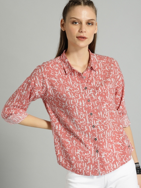 

Roadster Women Pink & White Regular Fit Printed Casual Shirt