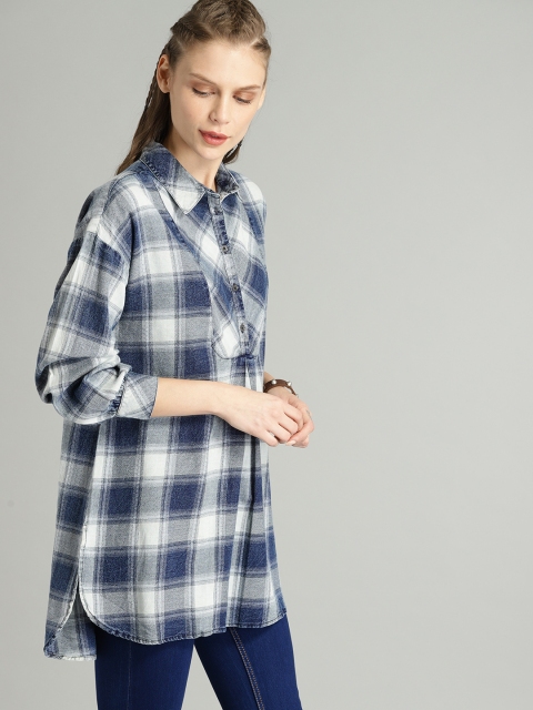 

The Roadster Lifestyle Co Women Navy Blue Checked Shirt Style Pure Cotton Top