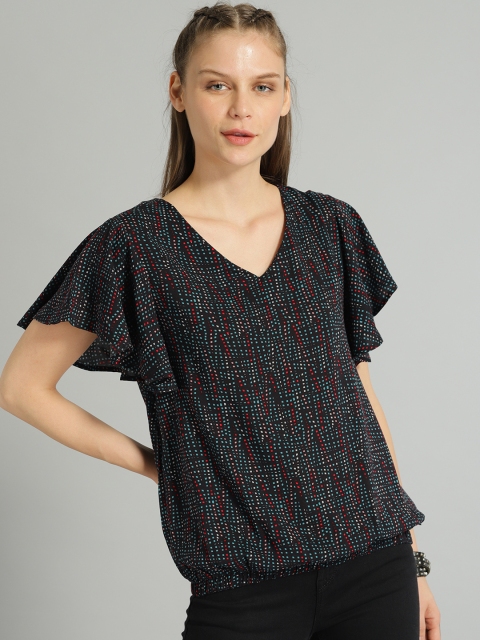 

The Roadster Lifestyle Co Women Black & Blue Printed Blouson Top
