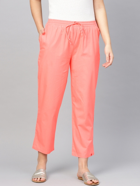 

Biba Women Peach-Coloured Straight Fit Solid Cropped Regular Trousers