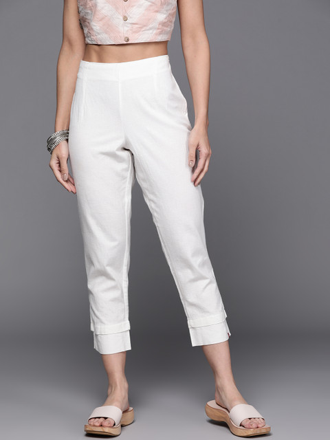 

Biba Women White Solid Slim Fit Crop Regular Trousers