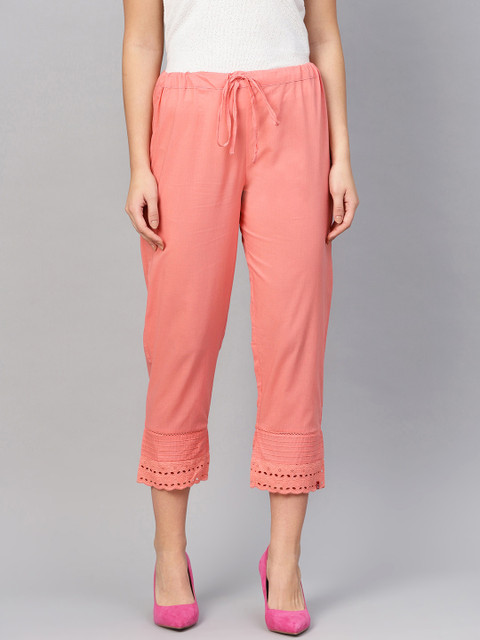 

Biba Women Coral Pink Regular Fit Solid Cropped Regular Trousers