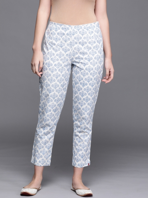 

Biba Women White & Blue Ethnic Motif Print Smart Slim Fit Cotton Cropped Cigerette Trouser