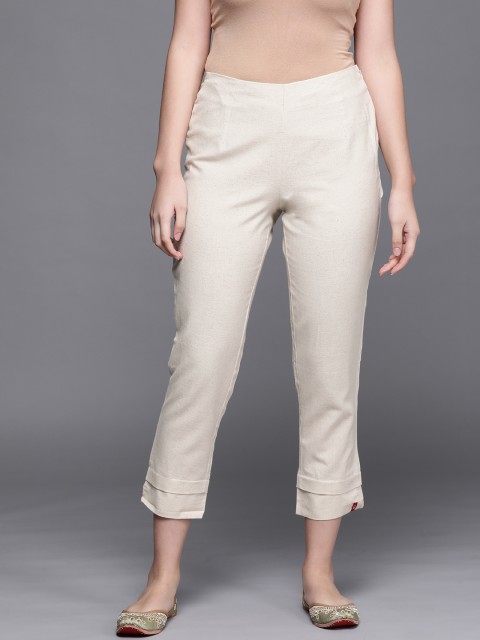 

Biba Women Cream-Coloured Solid Smart Slim Fit Pure Cotton Cropped Cigerette Trousers