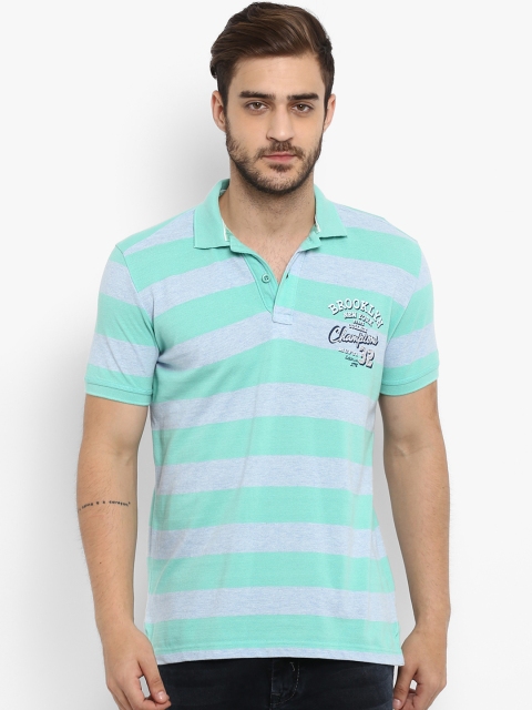 

Mufti Men Green Striped Polo Collar T-shirt