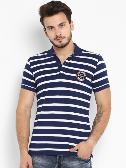 

Mufti Men Navy Blue Striped Polo Collar T-shirt