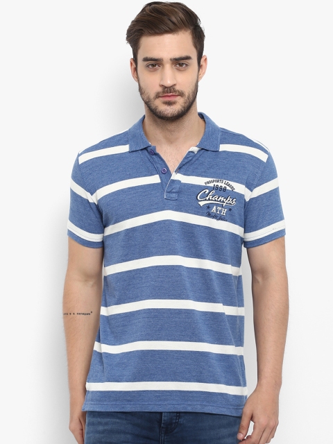 

Mufti Men Blue & White Striped Polo Collar T-shirt