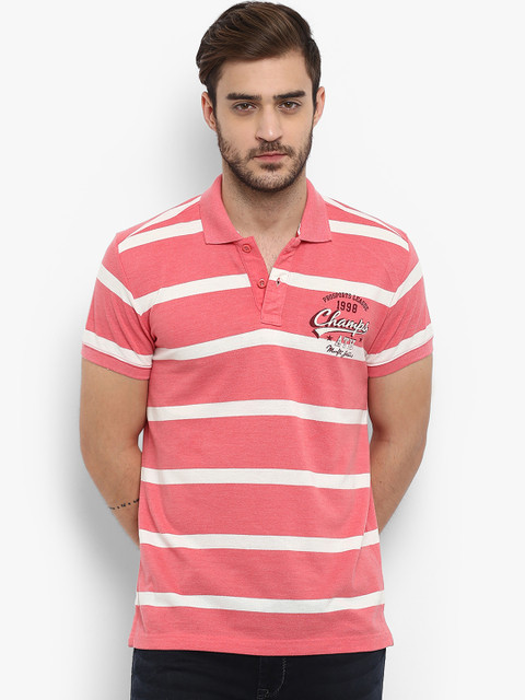 

Mufti Men Pink & White Striped Polo Collar T-shirt