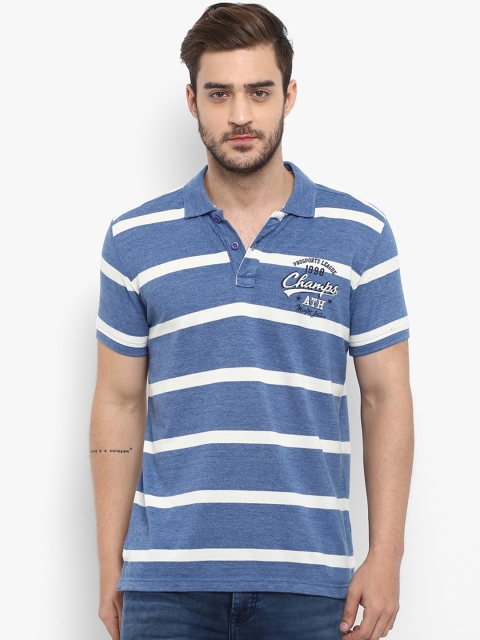 

Mufti Men Blue & White Striped Polo Collar T-shirt