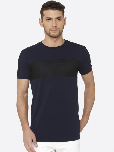 

Mufti Men Navy Blue & Black Colourblocked Round Neck T-shirt