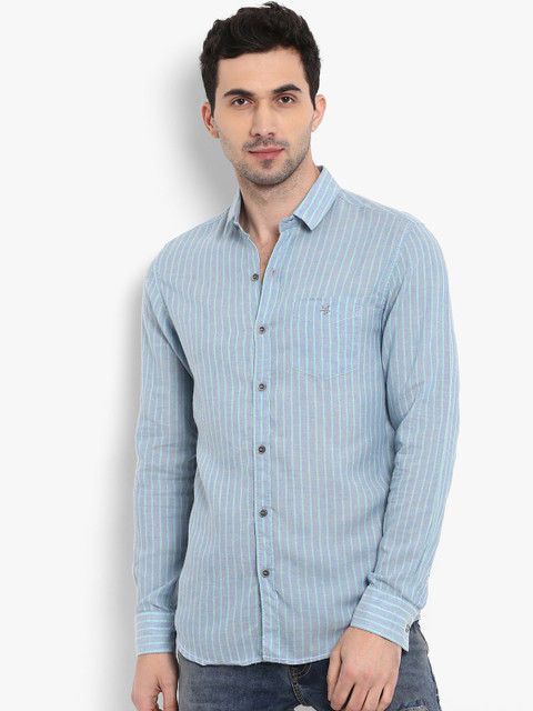 

Mufti Men Grey & Sea Green Slim Fit Striped Casual Shirt