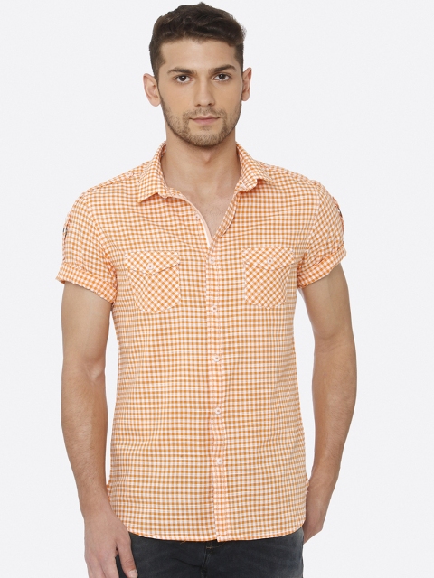 

Mufti Men Orange & Off-White Slim Fit Checked Casual Shirt