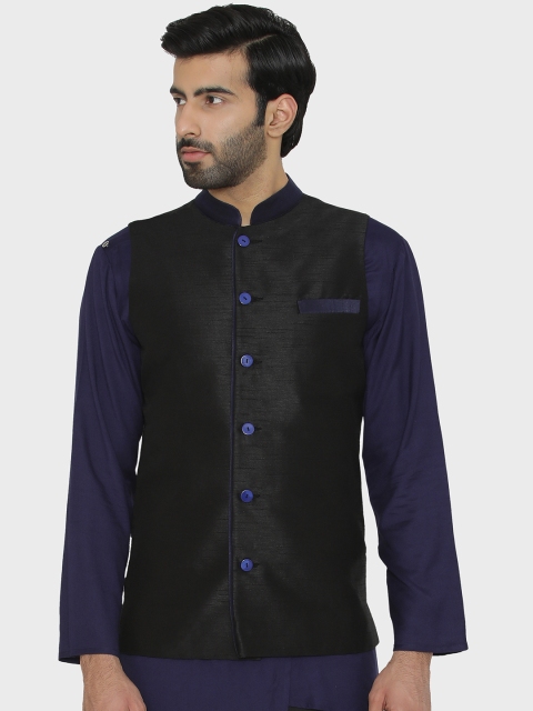 

Raas Men Black Solid Woven Nehru Jacket