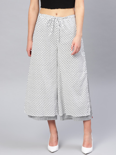 

Biba Women Off-White & Navy Blue Printed Wide Leg Cropped Palazzos
