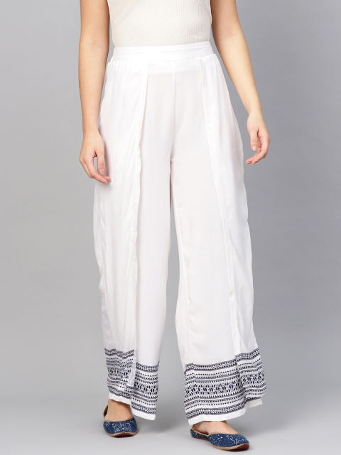 

Biba Women Off-White & Navy Blue Hem Design Straight Palazzos