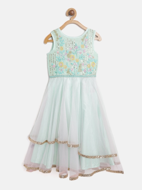 

Biba Girls Sea Green & Pink Net Solid Maxi Dress with Embroidered Detail