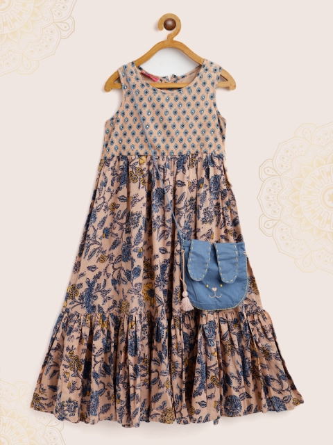 

Biba Girls Peach-Coloured & Blue Ethnic Motifs Print Cotton A-Line Maxi Dress with Bag