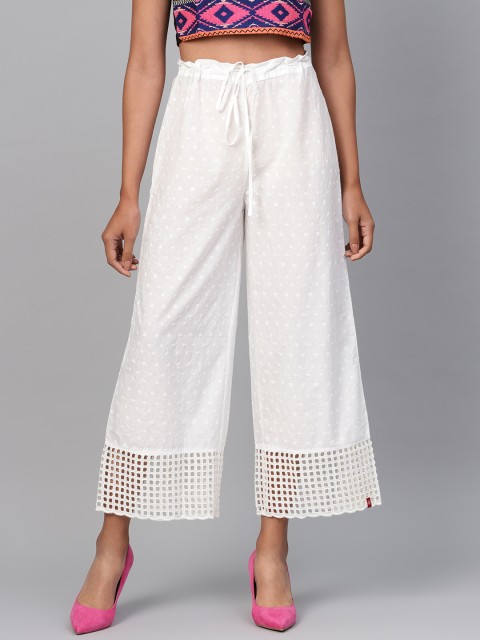 

Biba Women White Chikankari Embroidered Straight Cropped Palazzos
