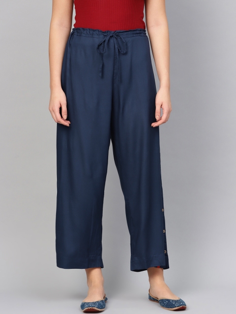 

Biba Women Navy Blue Solid Straight Cropped Palazzos
