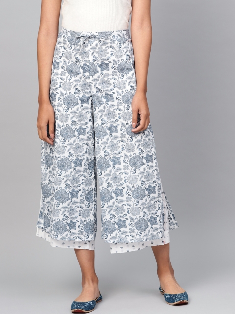 

Biba Women Navy Blue & White Printed Cropped Wide Leg Palazzos