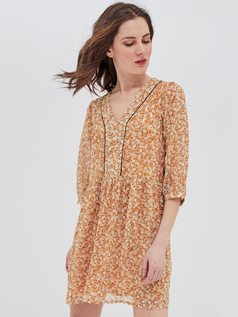 

promod Women Mustard Yellow & White Printed A-Line Dress