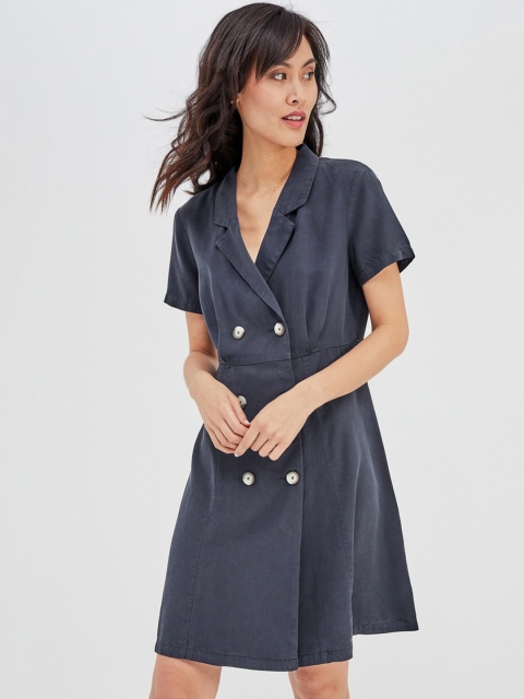

promod Women Navy Blue Solid A-line Dress