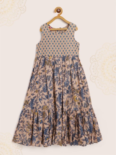 

Biba Girls Peach-Coloured & Blue Floral Print Tiered Cotton Midi Fit & Flare Dress