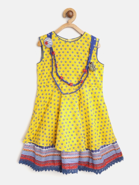 

Biba Girls Yellow & Blue Floral Print A-Line Dress with Necklace