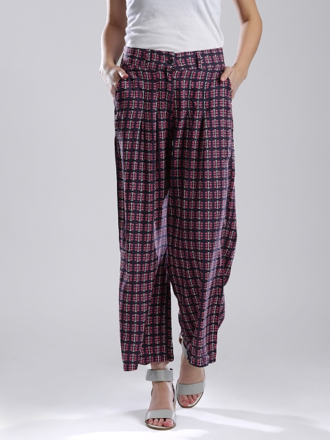 

W Navy & Red Printed Palazzo Trousers, Navy blue