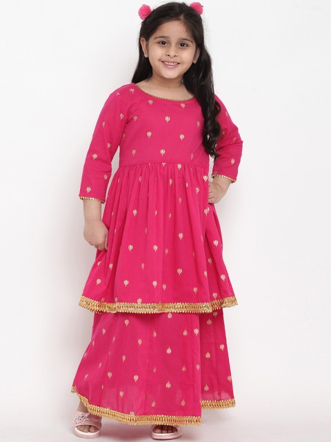 

Bitiya by Bhama Girls Pink & Gold-Coloured Printed Kurta with Skirt