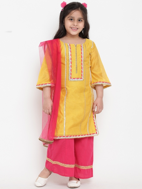 

Bitiya by Bhama Girls Yellow & Pink Solid Kurta with Palazzos & Dupatta