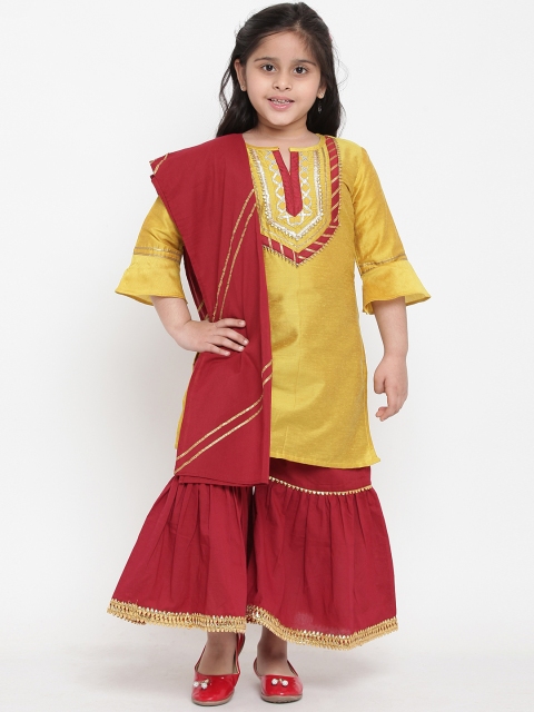 

Bitiya by Bhama Girls Yellow Yoke Design Kurta with Red Sharara & Dupatta