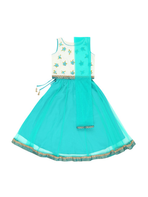 

Pantaloons Junior Girls Off-White & Blue Embroidered Ready to Wear Lehenga & Blouse with Dupatta