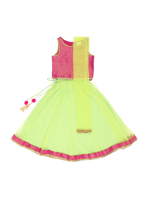 

Pantaloons Junior Girls Pink & Green Woven Design Ready to Wear Lehenga & Blouse with Dupatta