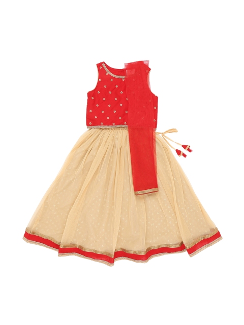 

Pantaloons Junior Girls Red & Beige Embroidered Ready to Wear Lehenga & Blouse with Dupatta