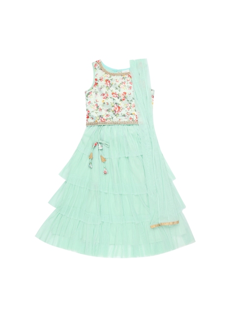 

Pantaloons Junior Girls Off-White & Green Printed Ready to Wear Lehenga & Blouse with Dupatta