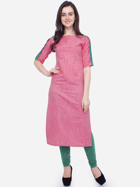 

Kvsfab Women Pink & Green Colourblocked Khadi Straight Kurta