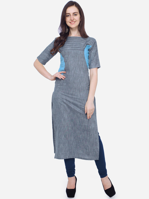 

Kvsfab Women Grey & Blue Colourblocked Khadi Straight Kurta