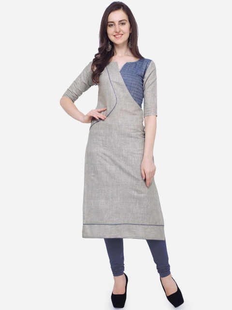 

Kvsfab Women Grey & Blue Colourblocked Khadi Straight Kurta