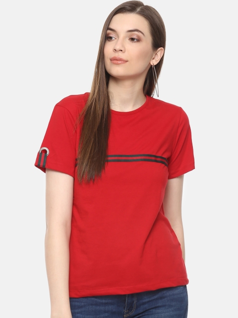

Belle Fille Women Red Solid Round Neck T-shirt