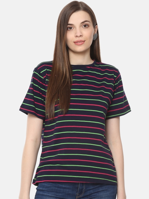 

Belle Fille Women Navy Blue & Pink Striped Round Neck T-shirt