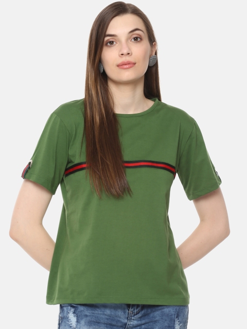

Belle Fille Women Green Solid Round Neck T-shirt