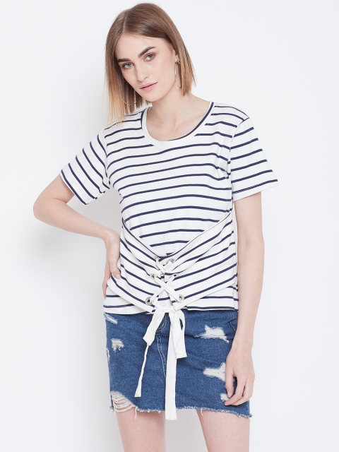 

Belle Fille Women White & Navy Striped Top
