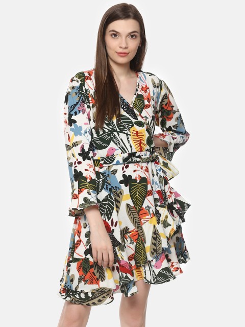 

Belle Fille Women Off-White & Green Printed Wrap Dress