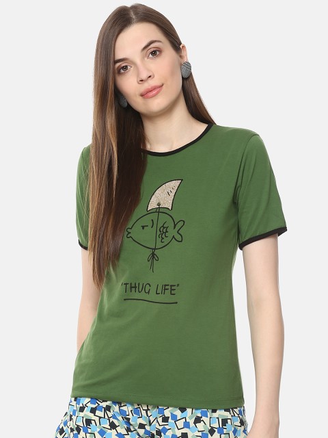 

Belle Fille Women Green Printed Round Neck T-shirt